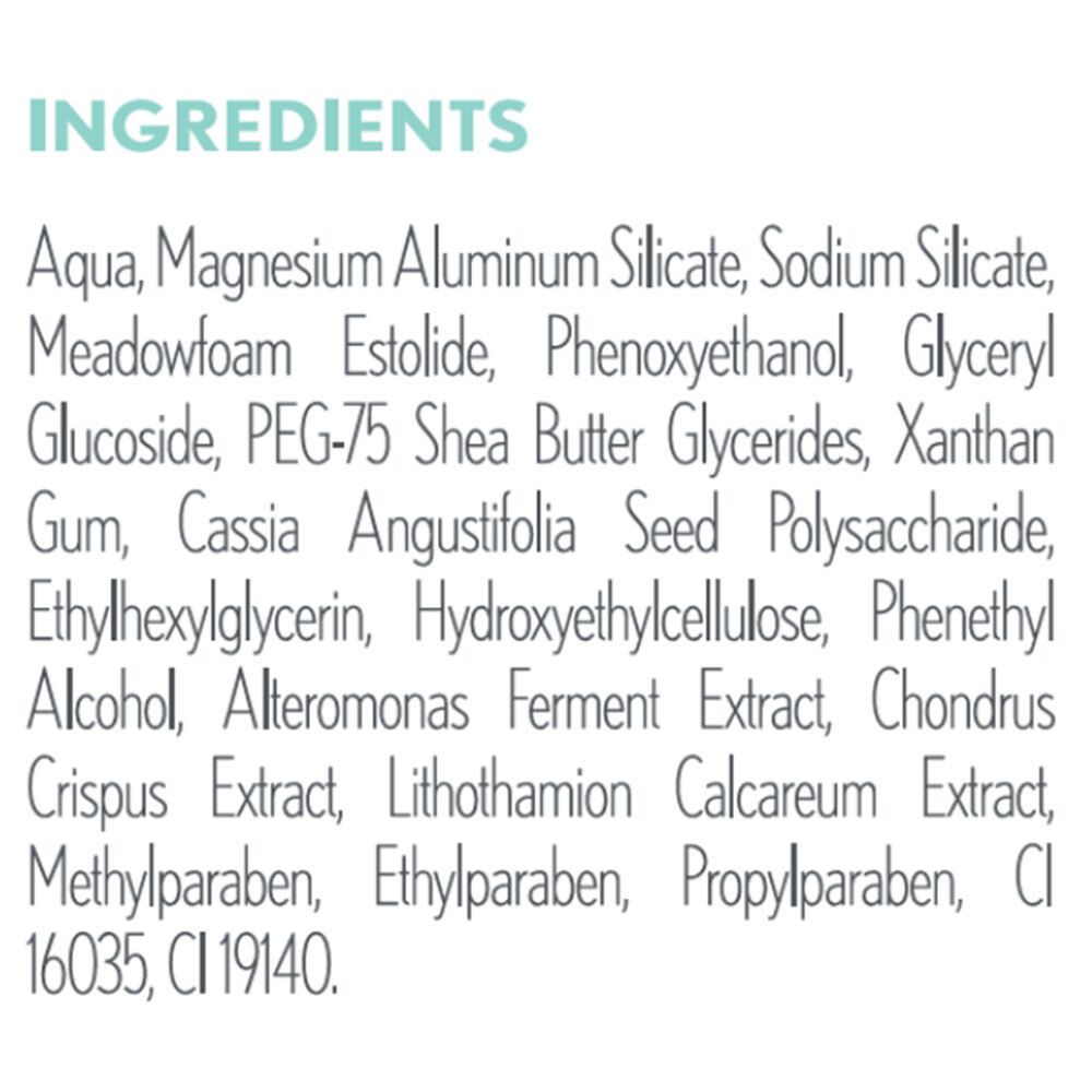 Liste des ingrédients. Texte sur fond blanc. Aqua, Magnesium Aluminum Silicate, etc.