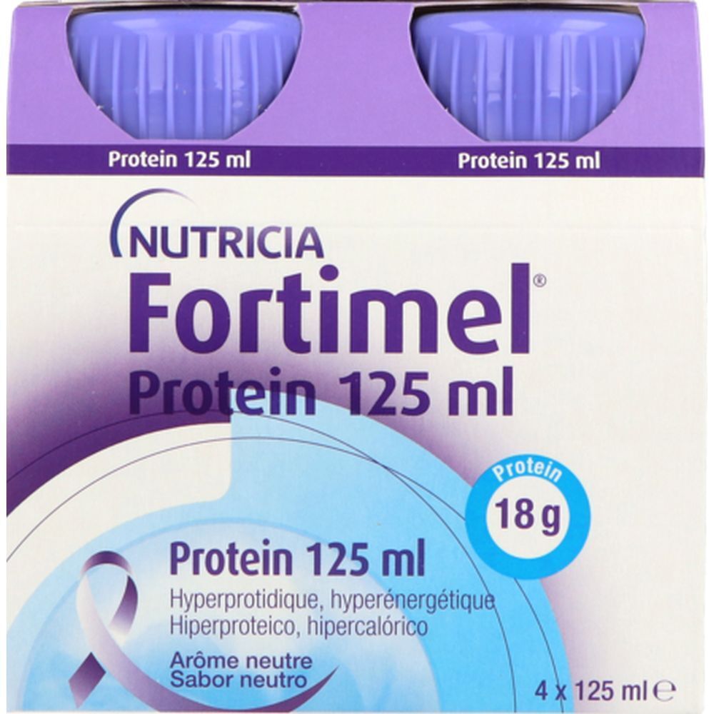 Boîte de 4 bouteilles. Inscription: Fortimel Protein 125 ml, 18g protéines. Goût neutre. Marque Nutricia.