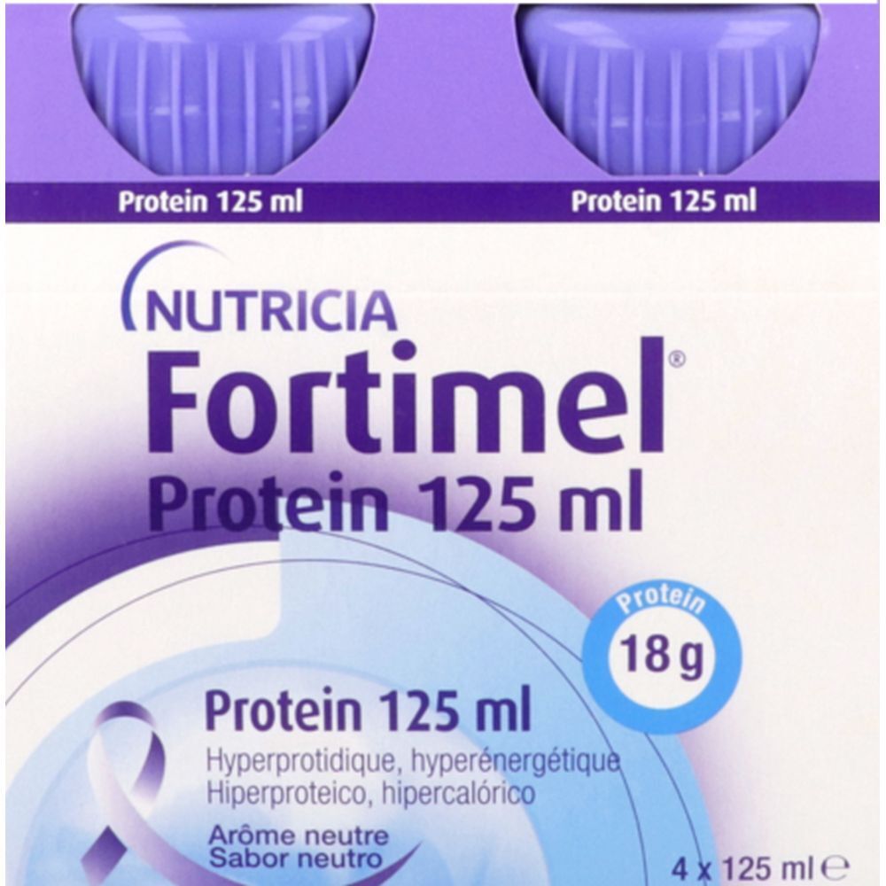Boîte de 4 bouteilles. Inscription: Fortimel Protein 125 ml, 18g protéines. Goût neutre. Marque Nutricia.