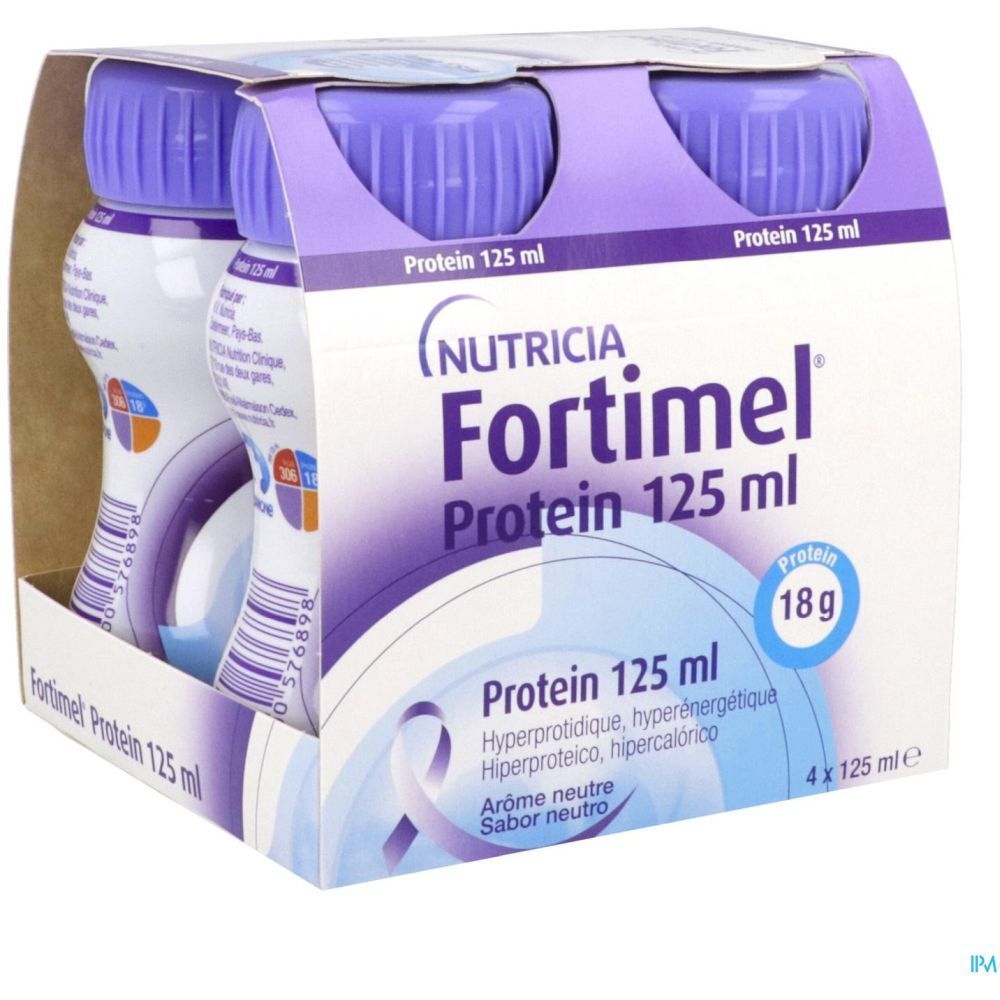 Boîte de 4 bouteilles. Inscription: Fortimel Protein 125 ml, 18g protéines. Goût neutre. Marque Nutricia.