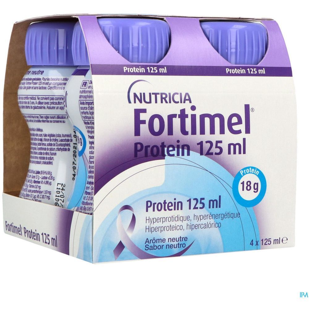 Boîte de 4 bouteilles. Inscription: Fortimel Protein 125 ml, 18g protéines. Goût neutre. Marque Nutricia.