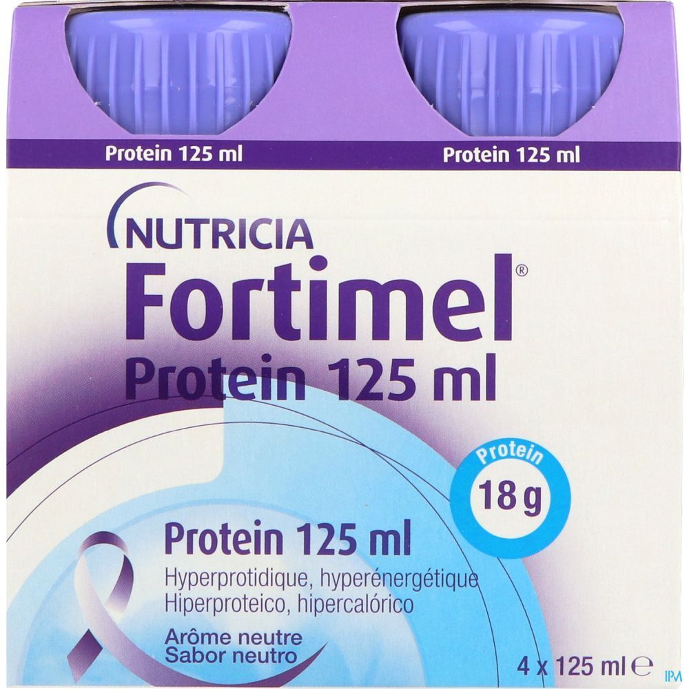Boîte de 4 bouteilles. Inscription: Fortimel Protein 125 ml, 18g protéines. Goût neutre. Marque Nutricia.