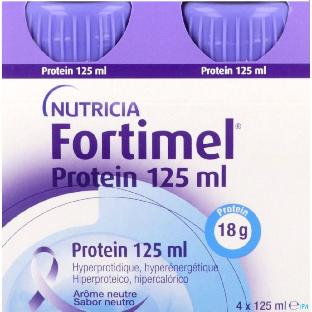 Boîte de 4 bouteilles. Inscription: Fortimel Protein 125 ml, 18g protéines. Goût neutre. Marque Nutricia.