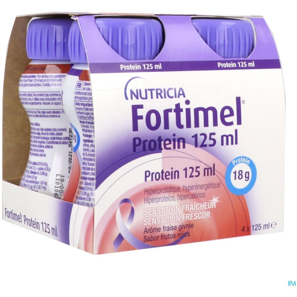 Fortimel Compact Protein Sensations. Boîte de 4 bouteilles. Inscription: Protéines 125 ml, 18g. Saveur: Fraise.
