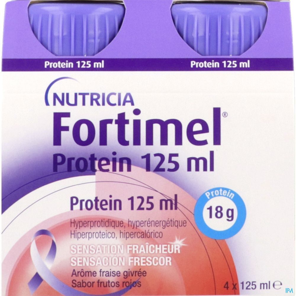 Fortimel Compact Protein Sensations. Boîte de 4 bouteilles. Inscription: Protéines 125 ml, 18g. Saveur: Fraise.