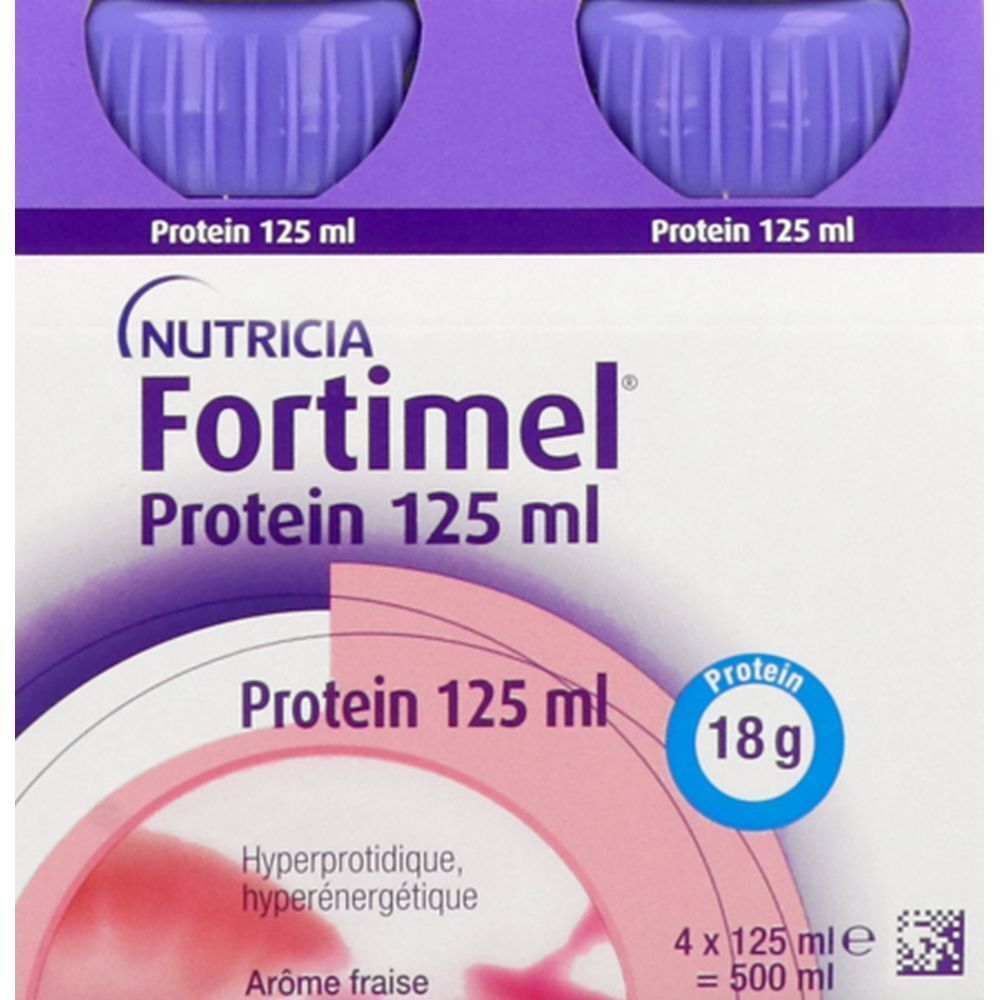 Emballage de deux bouteilles Fortimel Protein. Inscription : Nutricia Fortimel Protein 125 ml, 18g protéines, arôme fraise.