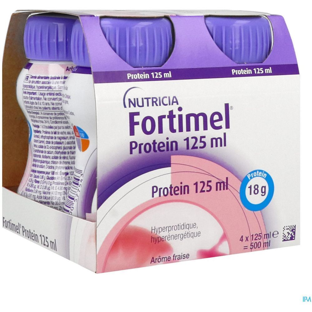 Emballage de quatre bouteilles Fortimel Protein. Inscription : Nutricia Fortimel Protein 125 ml, 18g protéines, arôme fraise.