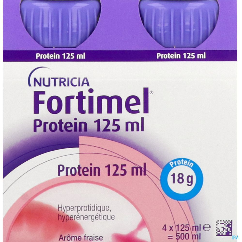 Gros plan sur l'emballage de deux bouteilles Fortimel Protein. Inscription : Nutricia Fortimel Protein 125 ml, 18g protéines, arôme fraise.