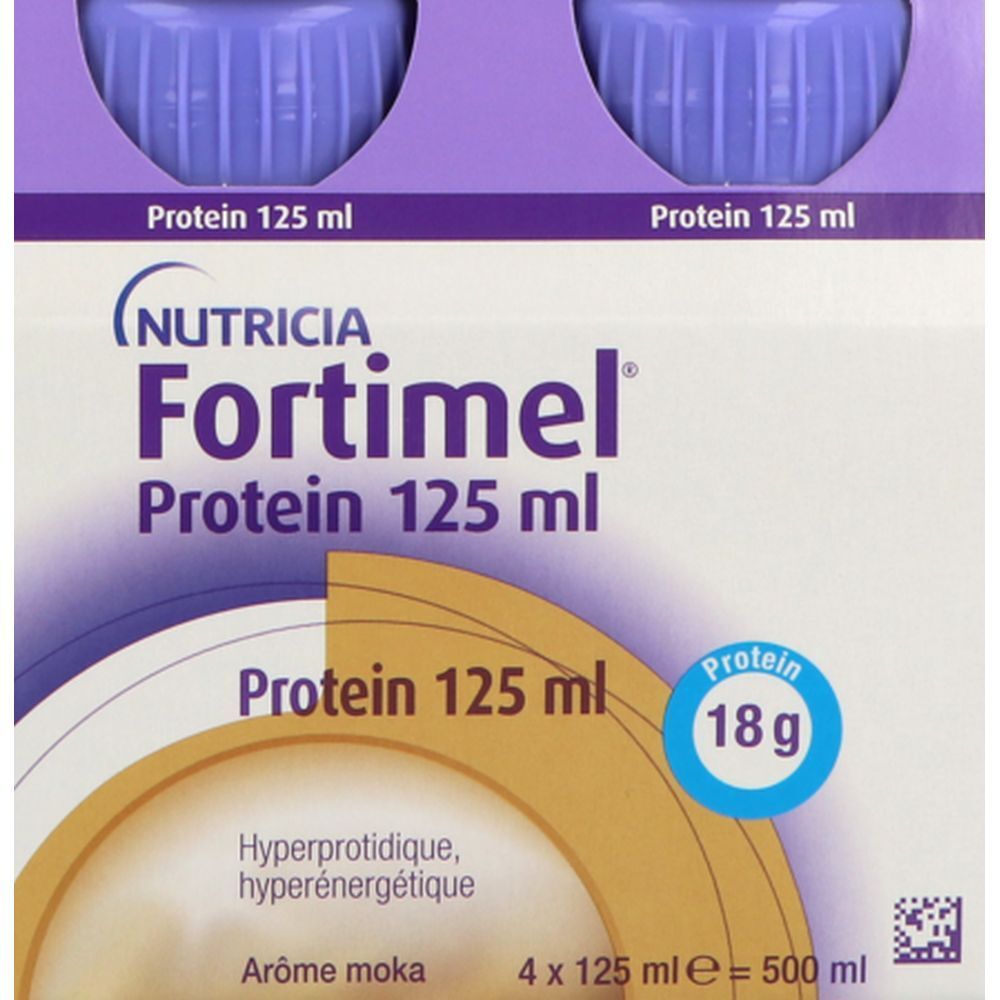Emballage de 4 bouteilles Fortimel Protein, 125 ml, arôme moka. Inscription : Nutricia Fortimel Protein, 18g protéines.