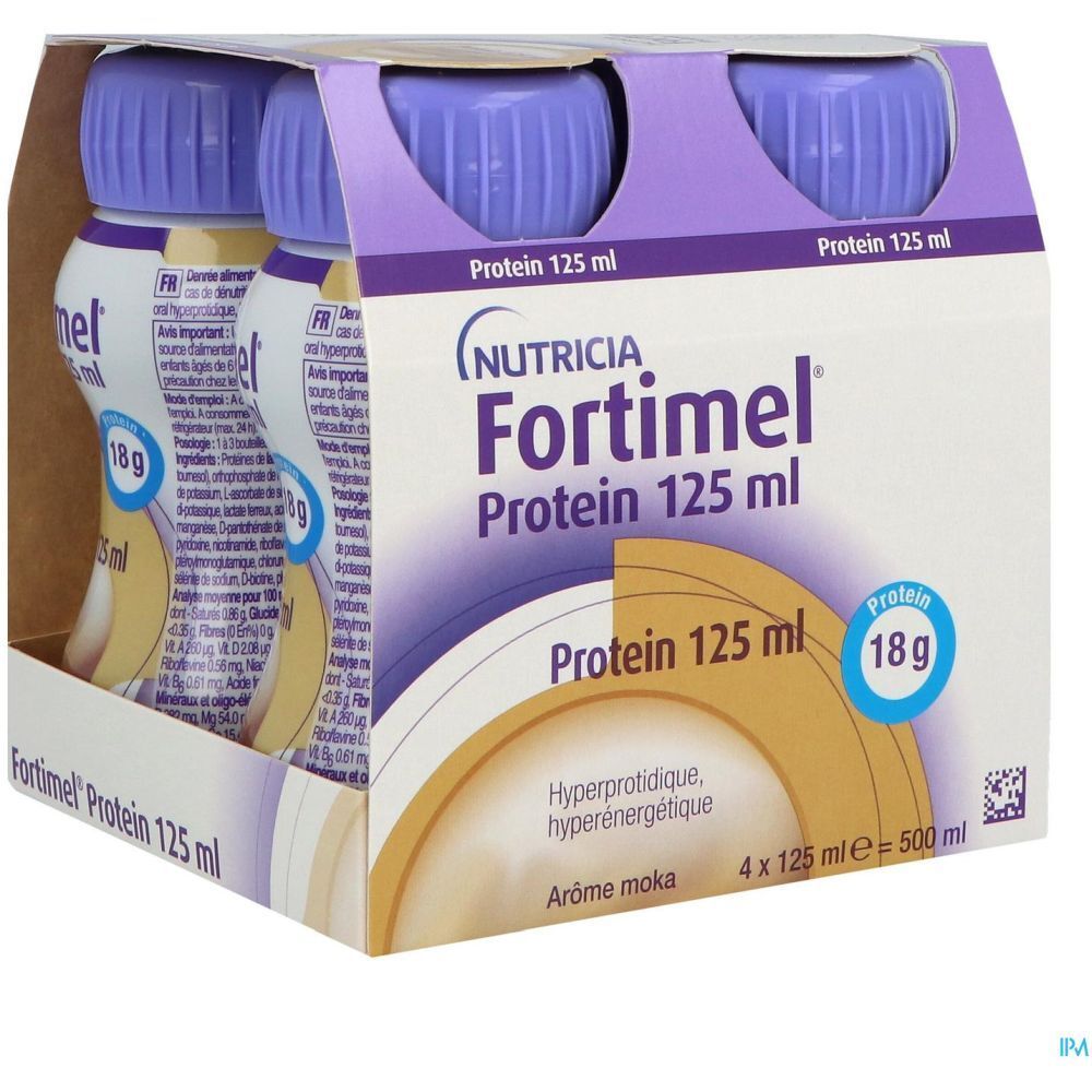 Emballage de 4 bouteilles Fortimel Protein, 125 ml, arôme moka. Inscription : Nutricia Fortimel Protein, 18g protéines.