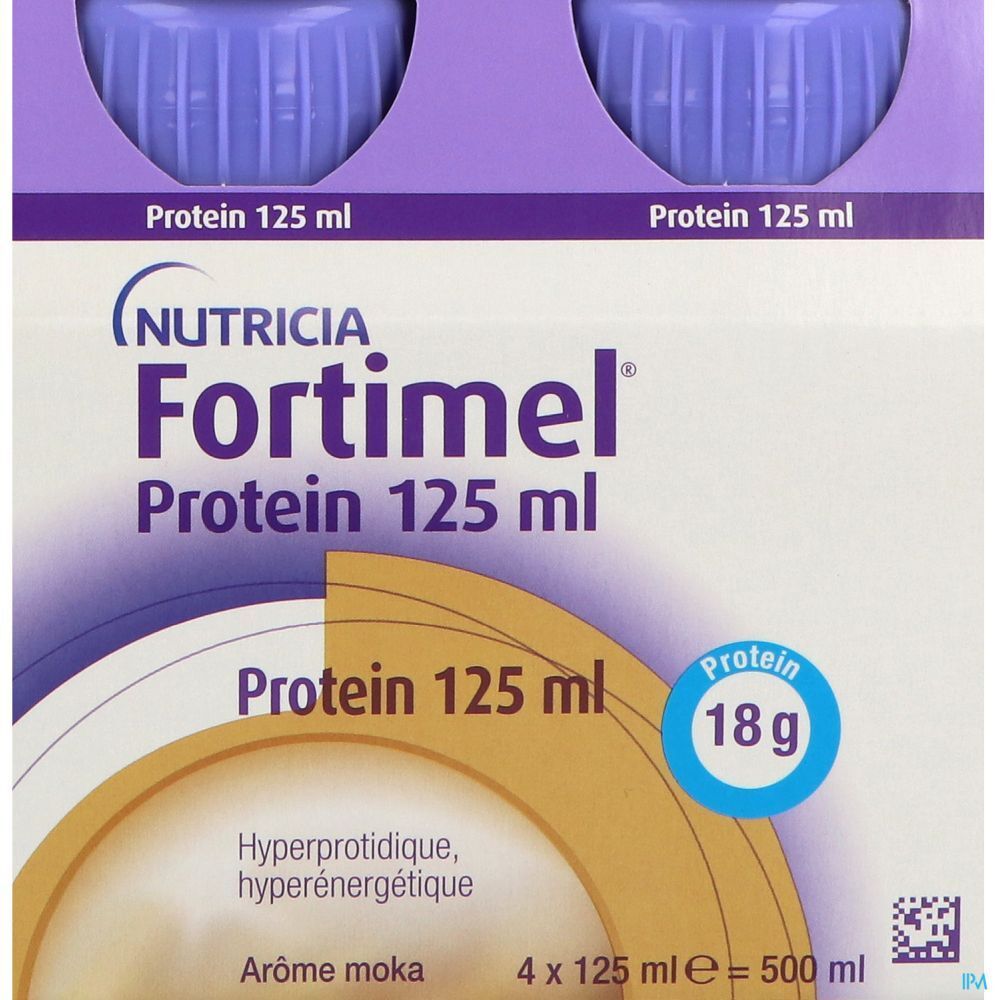 Emballage de 4 bouteilles Fortimel Protein, 125 ml, arôme moka. Inscription : Nutricia Fortimel Protein, 18g protéines.