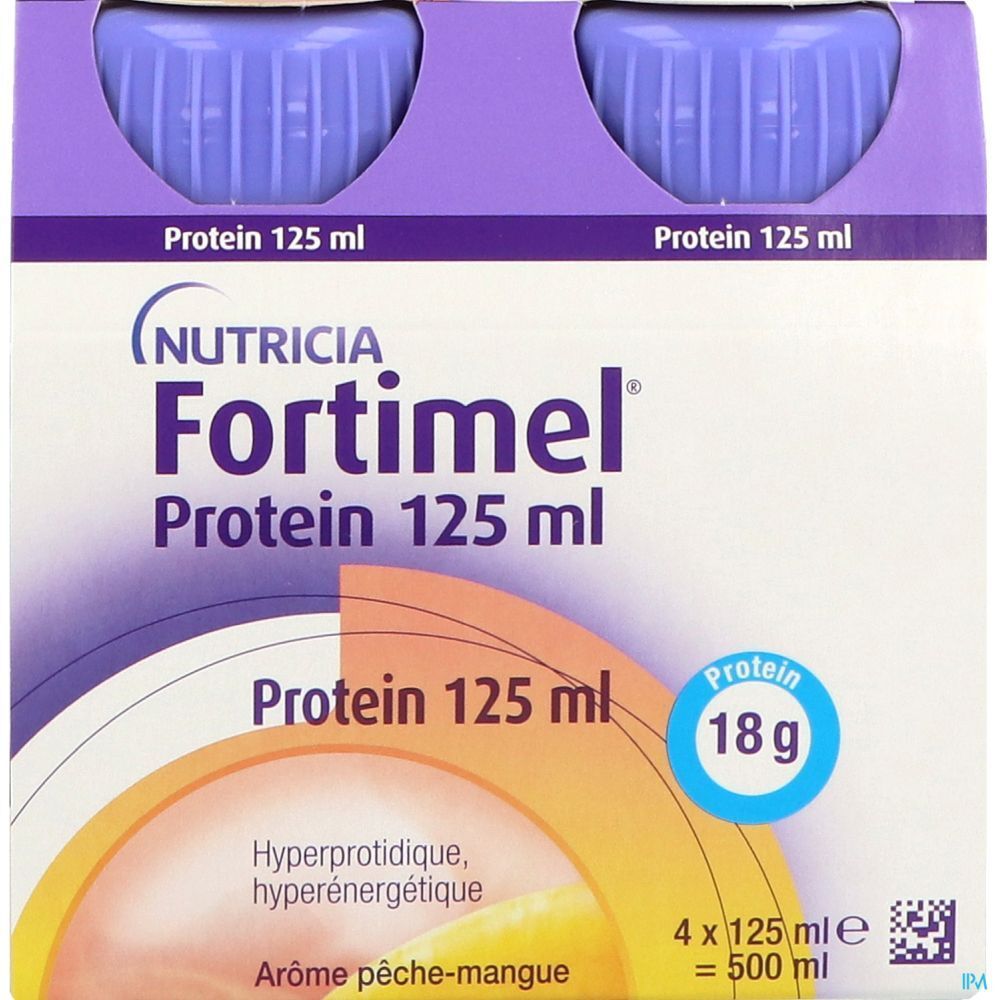 Emballage de quatre bouteilles Fortimel Protein 125 ml. Bouchons violets, étiquette blanche avec informations.