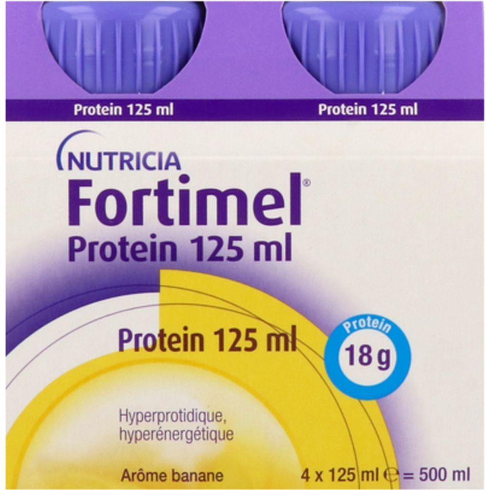 Emballage de Fortimel Protein, 4 bouteilles. Inscription: Protéine 125 ml, 18g protéines, arôme banane. Hyperprotéiné, hyperénergétique.