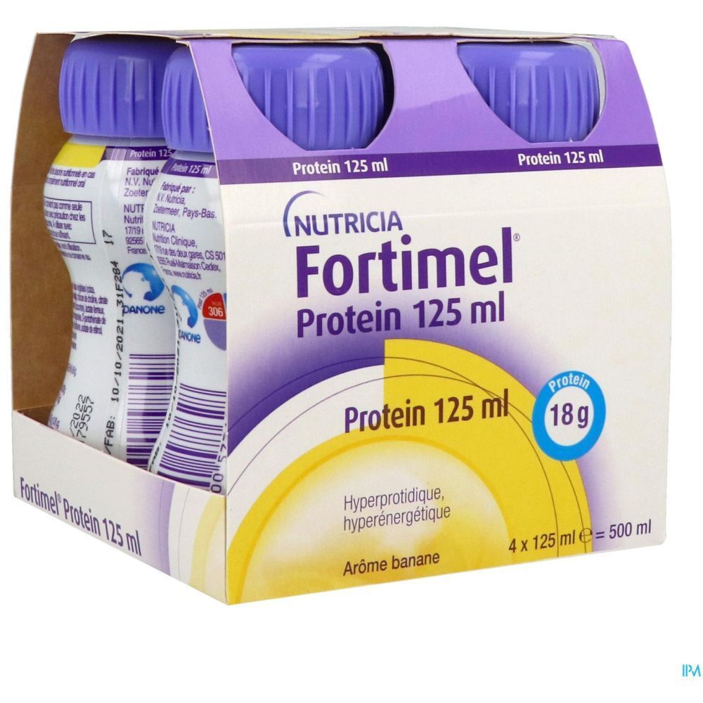 Fortimel Protein en emballage carton. 4 bouteilles visibles. Inscription: Protéine 125 ml, 18g protéines, arôme banane. Hyperprotéiné, hyperénergétique.