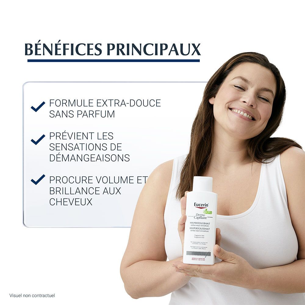 Femme tient un flacon de shampooing Eucerin. Texte: formule sans parfum, prévient les démangeaisons, procure volume et brillance. Top blanc.
