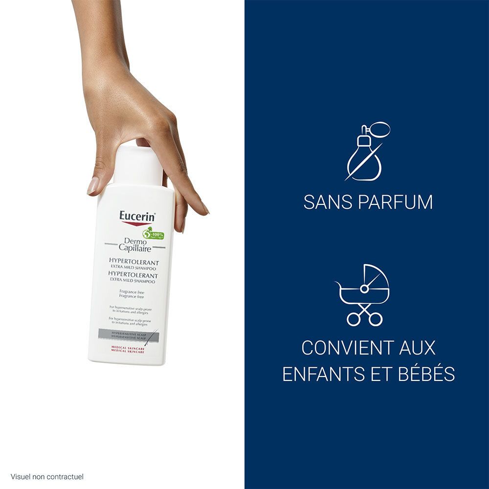 Main tenant un flacon de shampooing Eucerin. Symboles: sans parfum, convient aux enfants et bébés. Fond blanc.