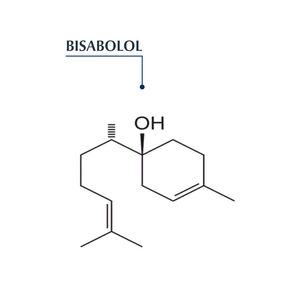 Structure chimique du bisabolol. Molécule avec plusieurs cycles et chaînes latérales. Légende: Bisabolol.