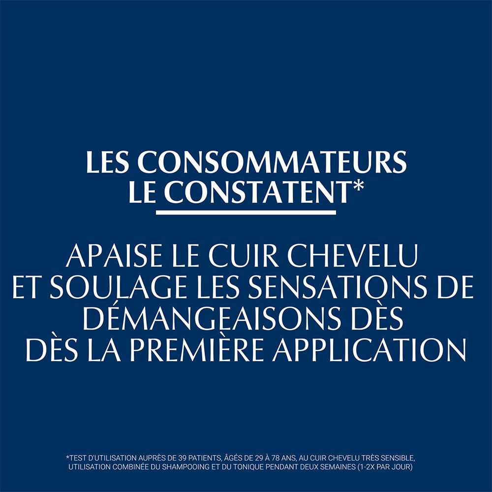 Texte: Apaise le cuir chevelu et soulage les démangeaisons dès la première application. Texte sur fond bleu.