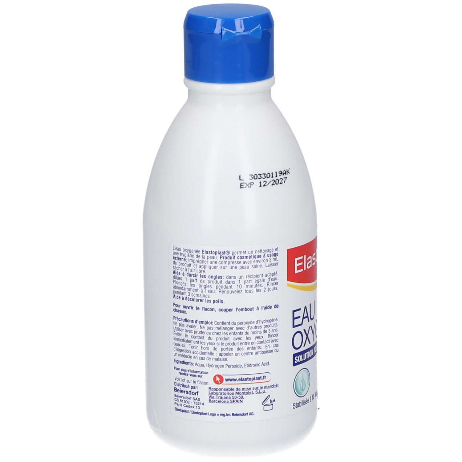 Achterkant van een witte fles met blauwe dop. Opschrift: Elastoplast Eau Oxygénée. Tekst en vervaldatum.
