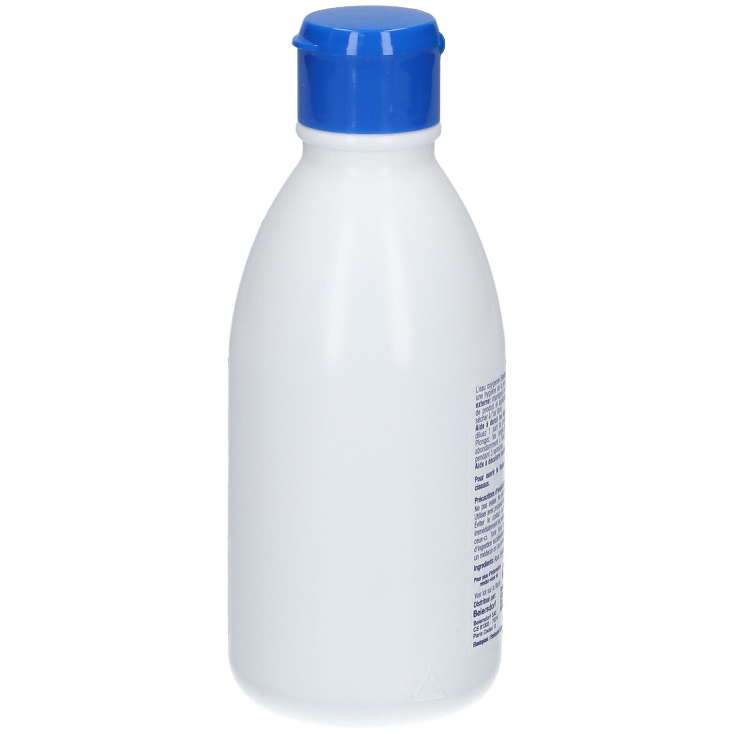 Witte fles met blauwe dop, achteraanzicht. Tekst op de fles.