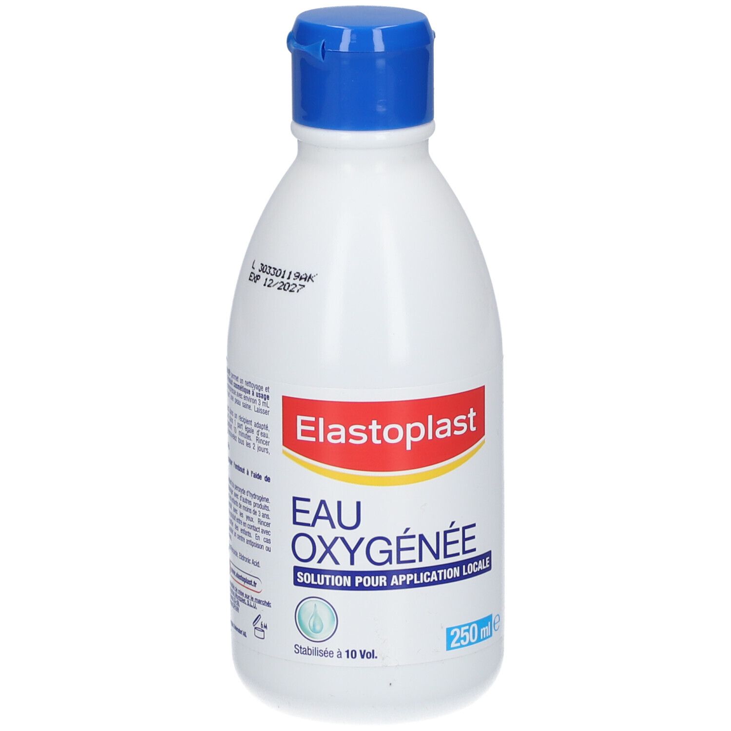Witte fles met blauwe dop. Opschrift: Elastoplast Eau Oxygénée. 250 ml. Gestabiliseerd à 10 Vol.