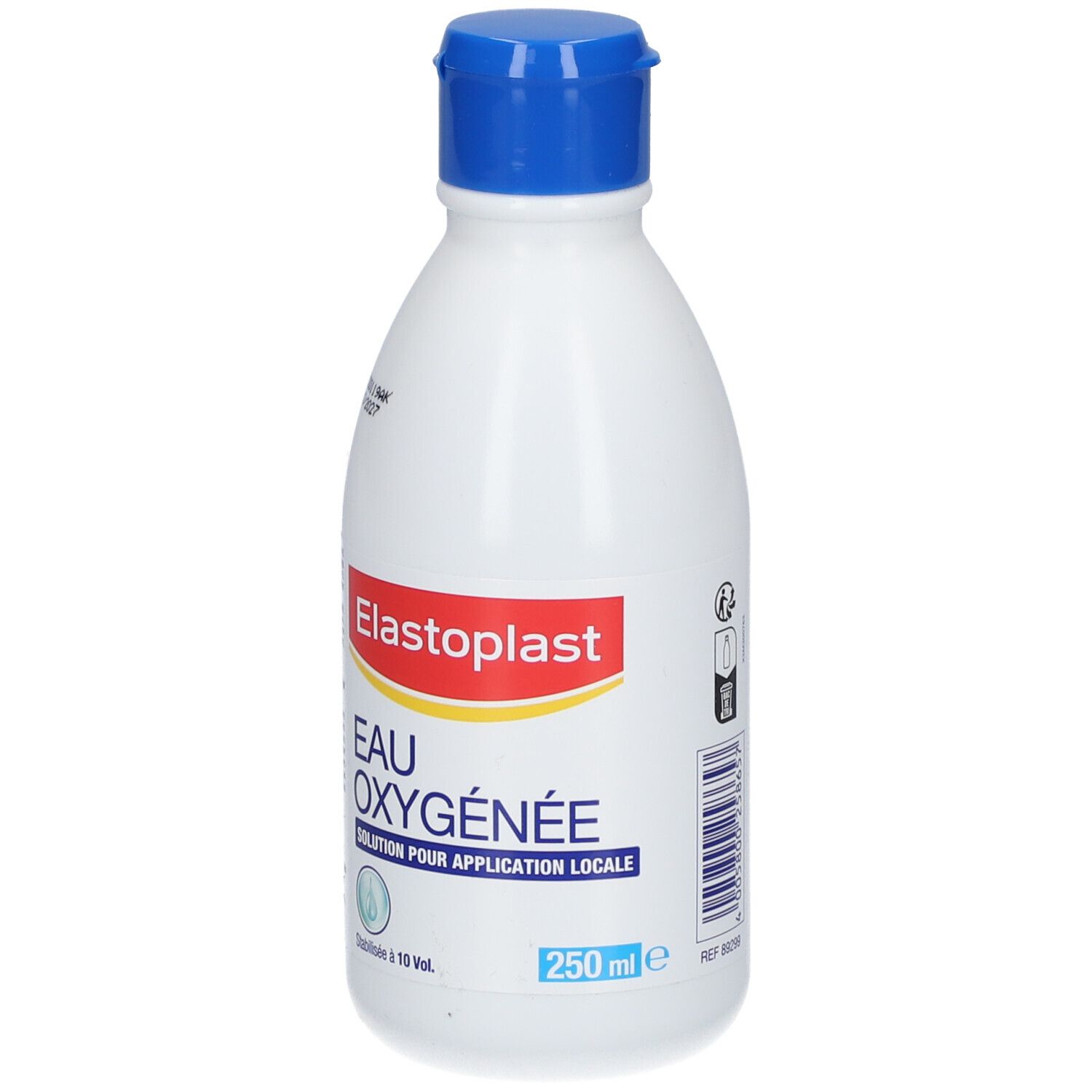 Witte fles met blauwe dop. Opschrift: Elastoplast Eau Oxygénée. 250 ml. Gestabiliseerd à 10 Vol.