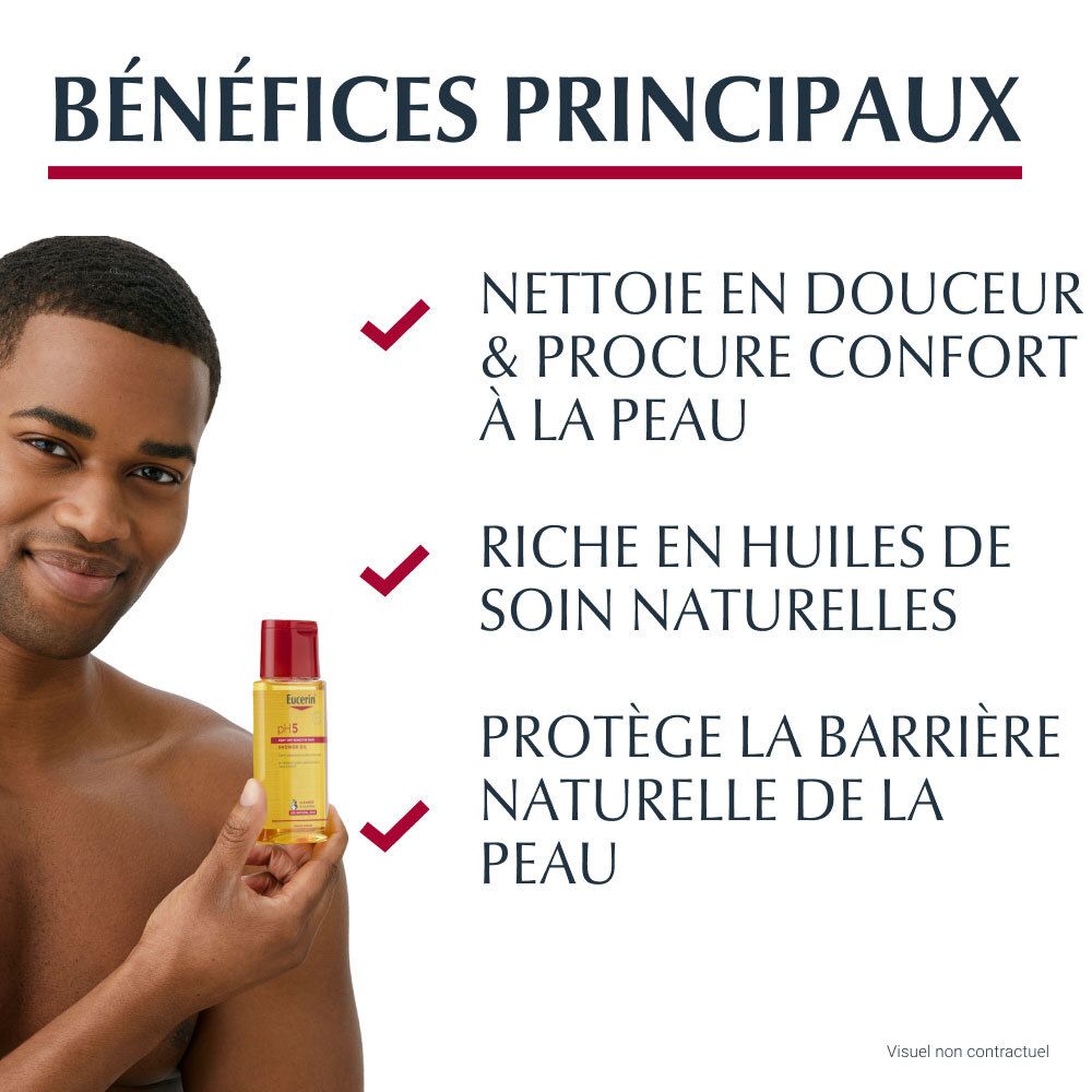 Homme tenant un flacon d'Huile de douche Eucerin pH5. Texte : Bénéfices principaux : Nettoie en douceur, confort, huiles, barrière cutanée.