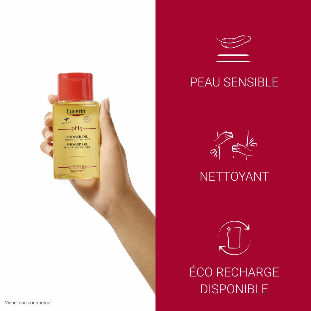 Main tenant un flacon d'Huile de douche Eucerin pH5. Texte : Peau sensible, nettoyant, éco-recharge disponible.