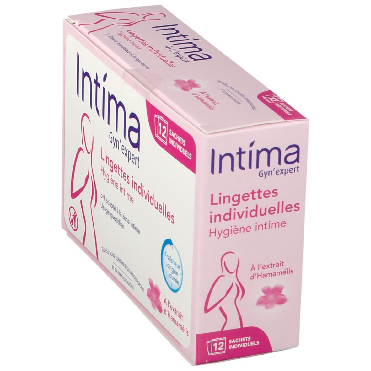 Boîte rose Intima Gyn'expert en biais. 12 sachets individuels. Inscription: Intima, Gyn'expert, Lingettes individuelles, Hygiène intime.