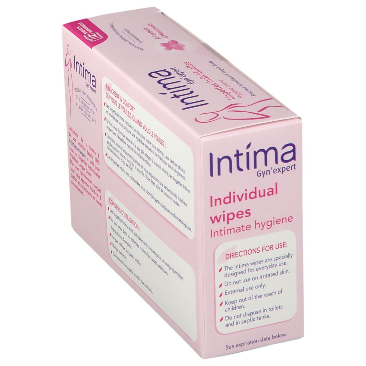 Boîte rose Intima Gyn'expert en biais. Texte: conseils d'utilisation, testé dermatologiquement. 12 sachets.
