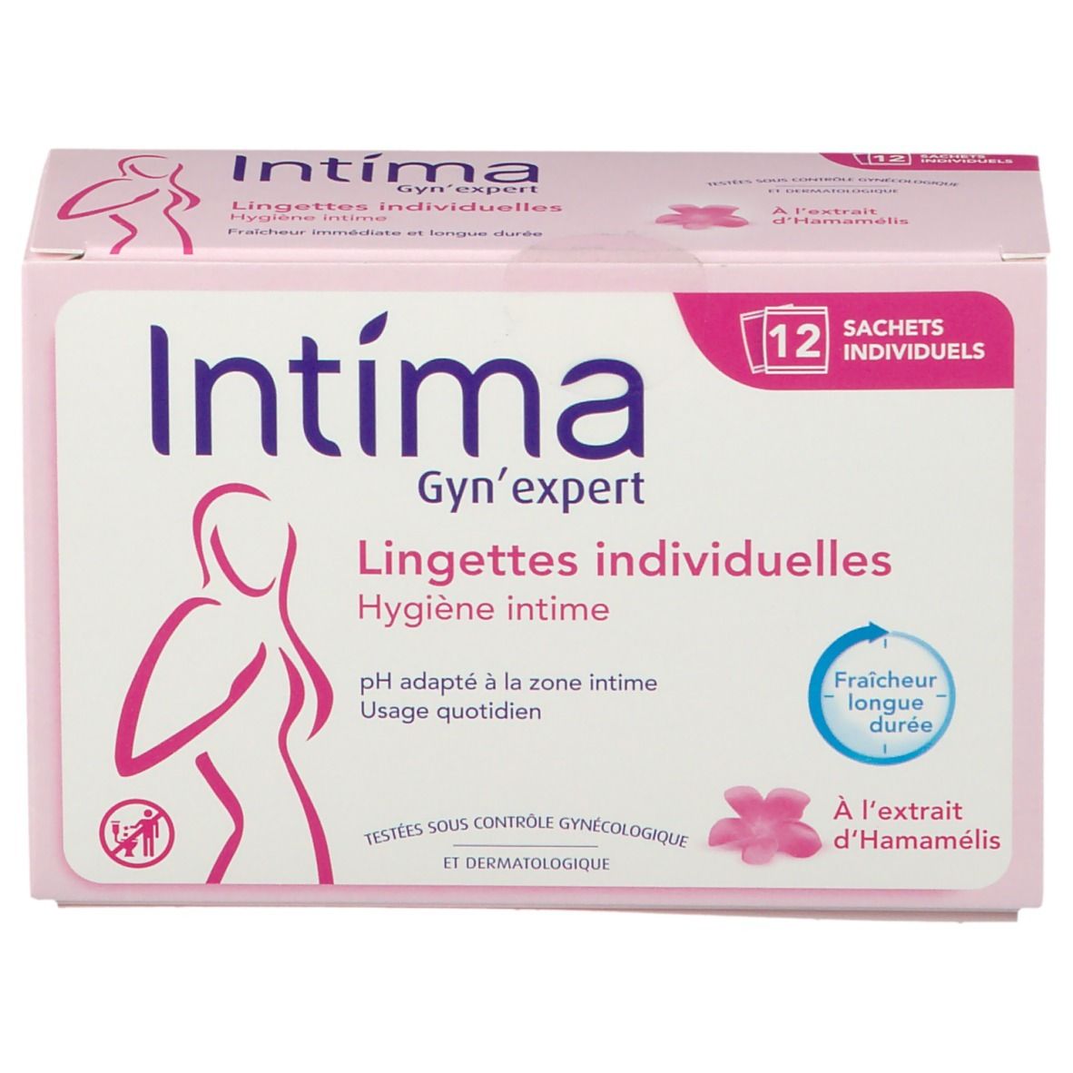 Boîte rose Intima Gyn'expert. 12 sachets individuels. Inscription: Intima, Gyn'expert, Lingettes individuelles, Hygiène intime.