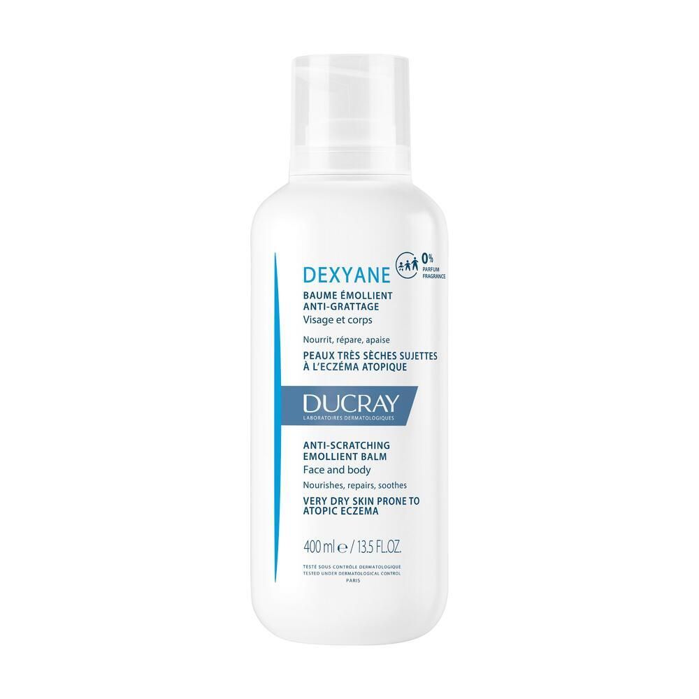 Flacon blanc DUCRAY DEXYANE Baume émollient. Anti-grattage, visage et corps, pour peaux très sèches sujettes à l'eczéma atopique.