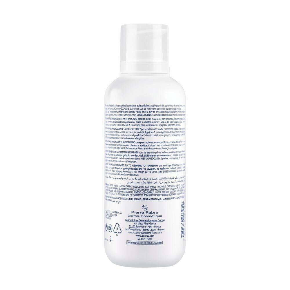 Dos du flacon blanc DUCRAY DEXYANE Baume. Texte multilingue. Informations fabricant et symboles de recyclage.
