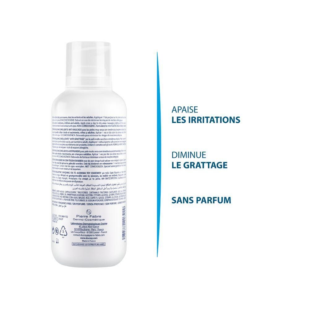 Dos du flacon blanc DUCRAY DEXYANE. Texte : Apaise les irritations, diminue le grattage, sans parfum.