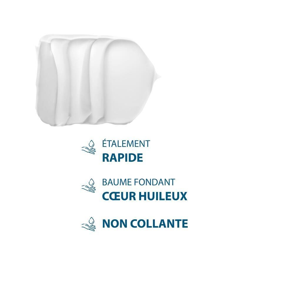 Gros plan sur une crème blanche. Texte : Étale rapidement, baume fondant, cœur huileux, non collant.