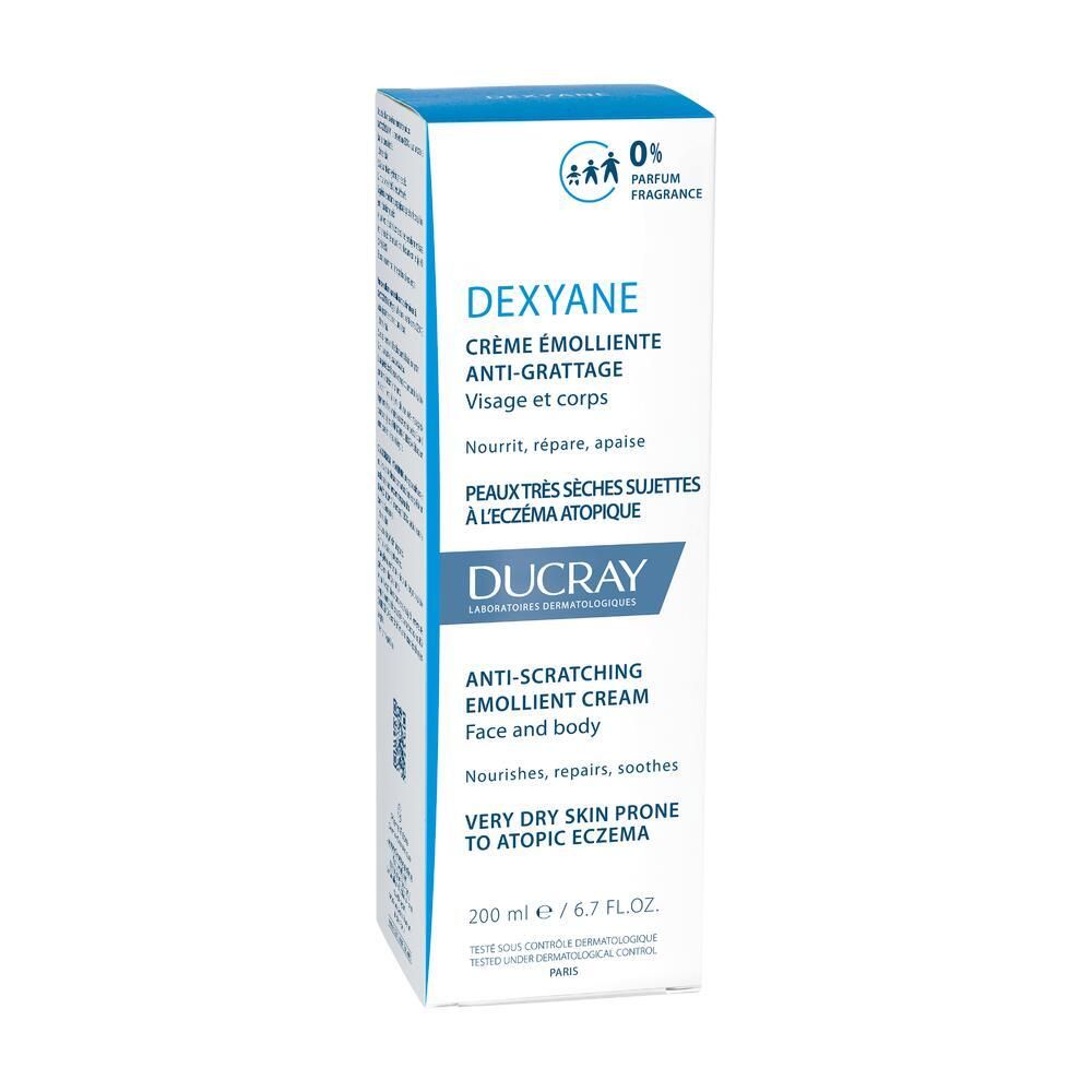 Emballage carton pour crème. Blanc et bleu. Contient DEXYANE, pour visage et corps. 200 ml.