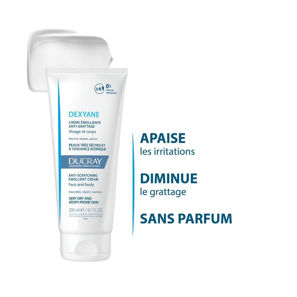 Tube de crème émolliente et goutte de crème. Texte : apaise, diminue les démangeaisons, sans parfum.