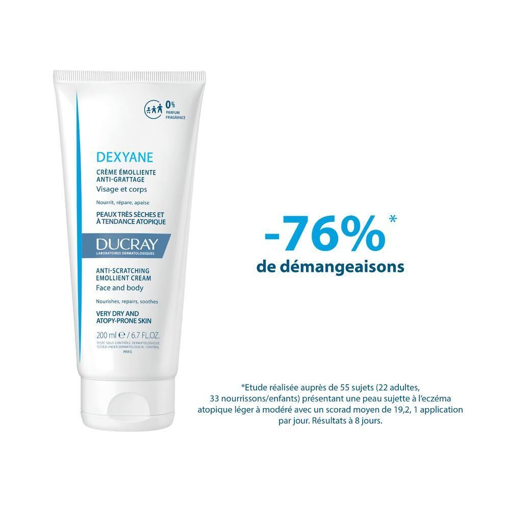 Tube de crème émolliente. Texte : -76% de démangeaisons. Contient DEXYANE, pour visage et corps. 200 ml.
