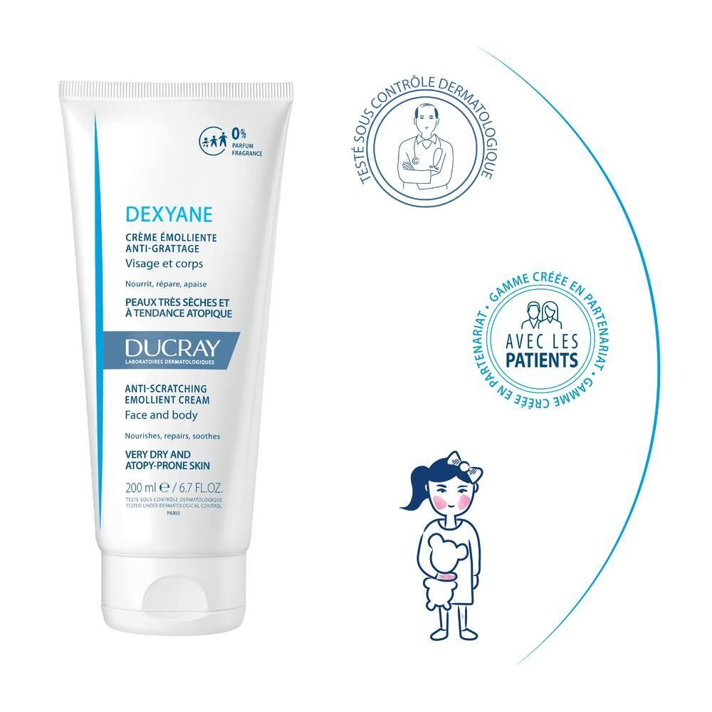 Tube de crème émolliente. Texte : testé dermatologiquement, développé avec les patients. DEXYANE, 200 ml.