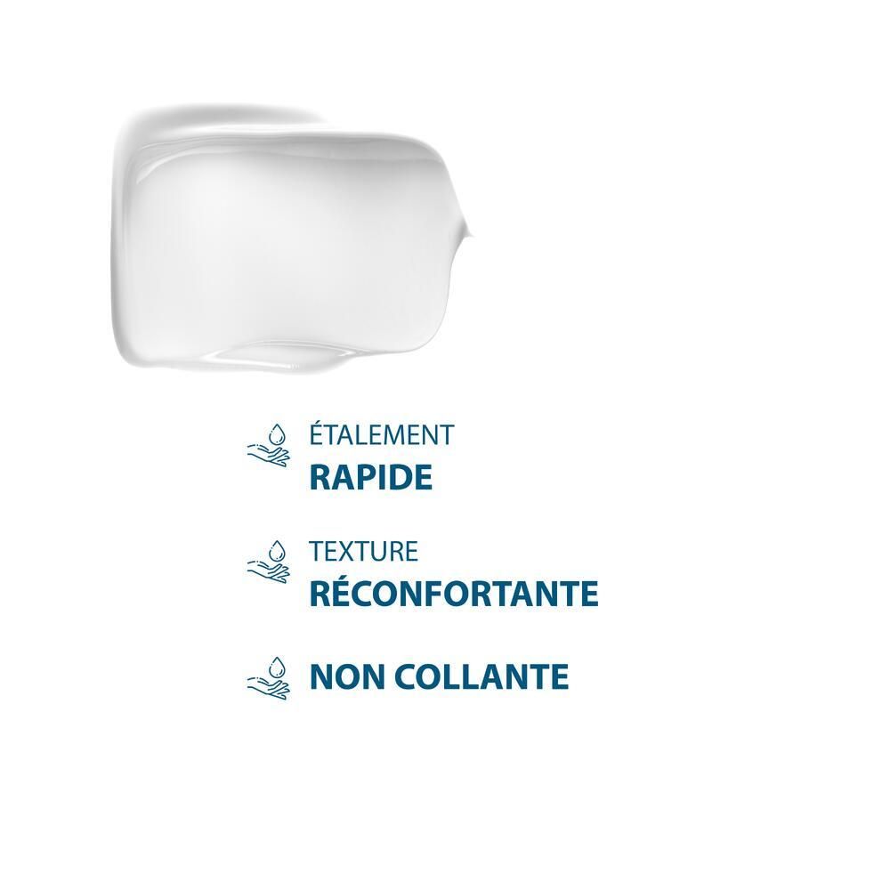 Goutte de crème. Texte : étalement rapide, texture réconfortante, non collante.