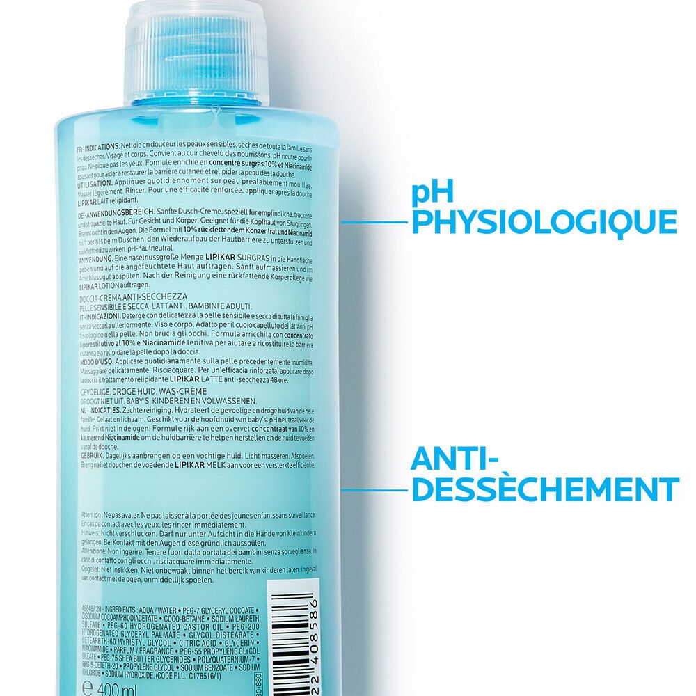 Dos du flacon La Roche-Posay Lipikar Surgras. Texte: pH physiologique, anti-dessèchement.
