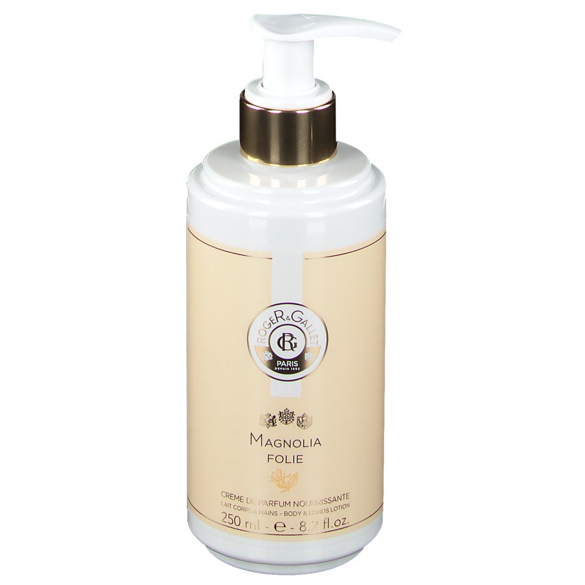 Flacon de crème avec pompe doseuse. Récipient blanc avec bouchon doré. Inscription : Roger&Gallet, Magnolia Folie.