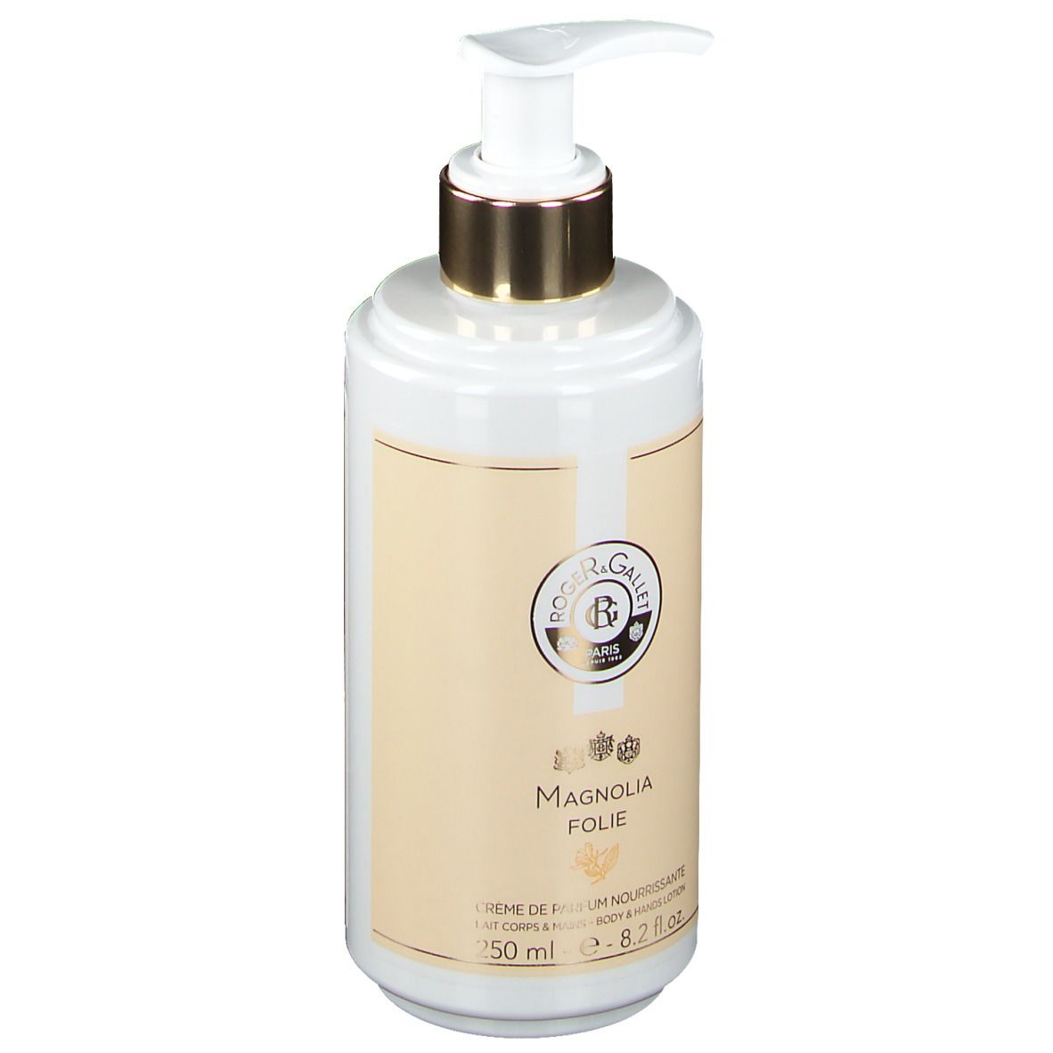 Flacon de crème avec pompe doseuse. Récipient blanc avec bouchon doré. Inscription : Roger&Gallet, Magnolia Folie.