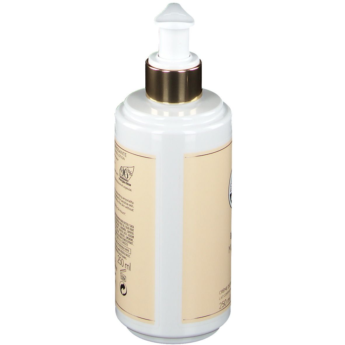 Flacon de crème avec pompe doseuse. Récipient blanc avec bouchon doré. Dos avec texte et logo.