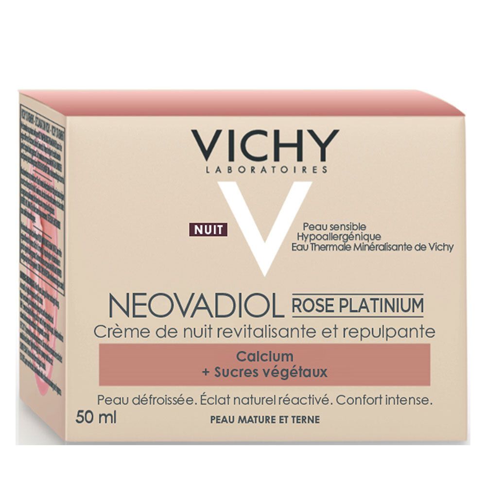 Verpackung mit Creme-Tiegel. Marke: VICHY. Produktname und Informationen auf der Verpackung.