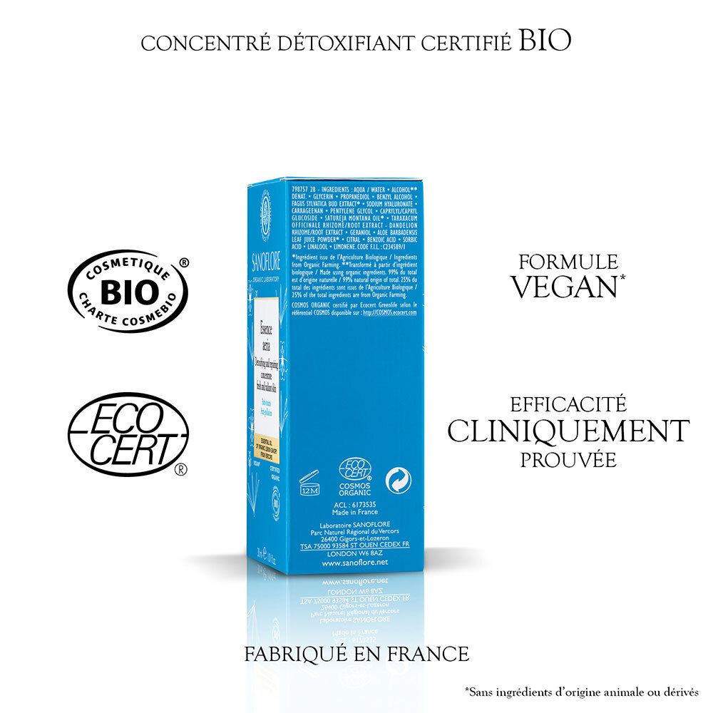 Boîte bleue avec texte et logos. Inscription: Concentré détoxifiant certifié BIO. Formule vegan. EcoCert.