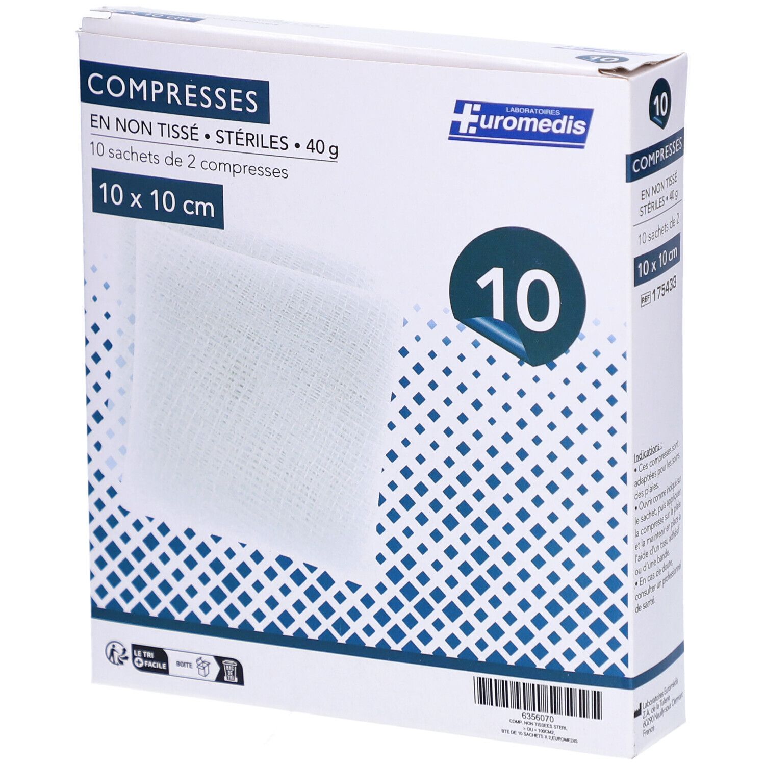 Boîte de compresses EUROMEDIS. Stériles, 10 x 10 cm. Le nom de la marque, du produit et le nombre de compresses sont indiqués sur l'emballage.