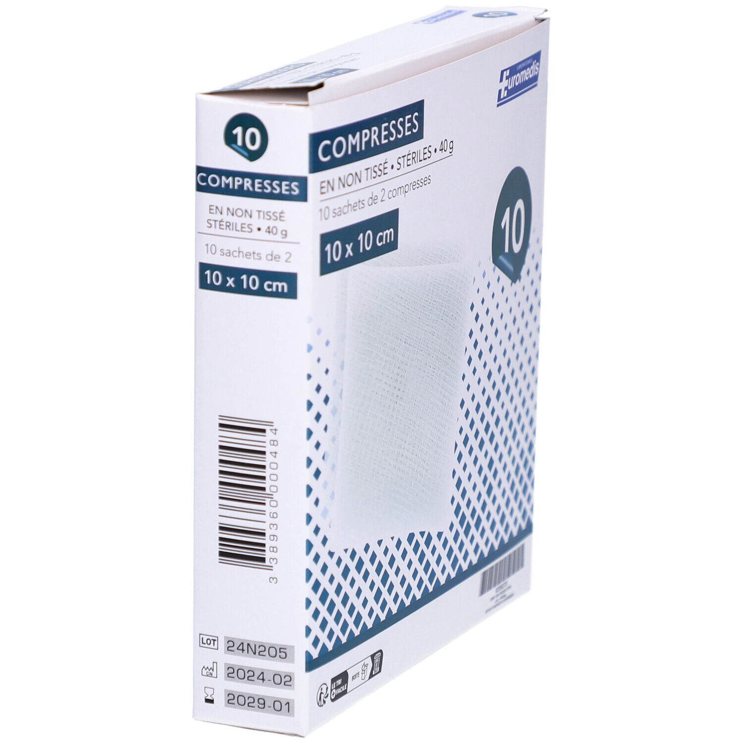 Boîte de compresses EUROMEDIS. Stériles, 10 x 10 cm. L'emballage affiche des informations sur le produit et le logo.