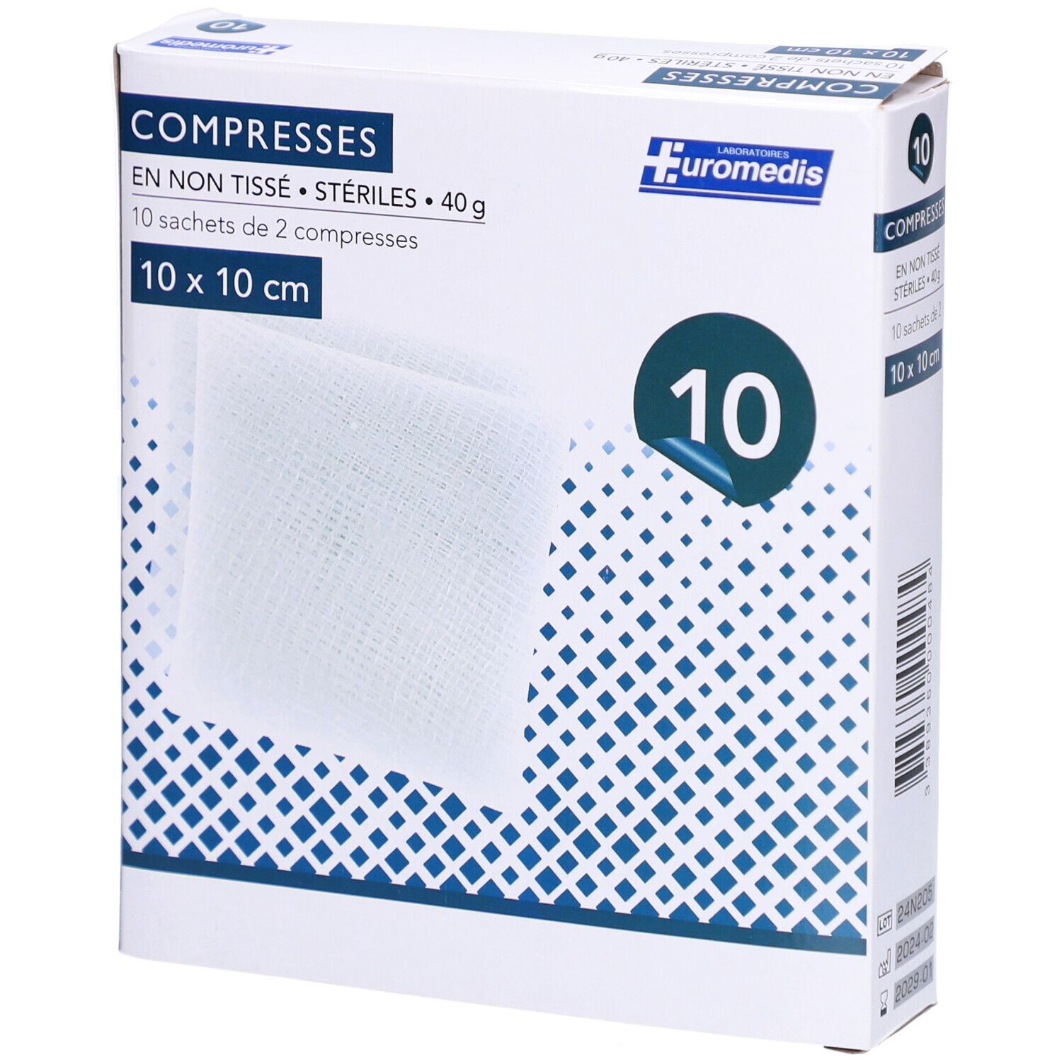 Boîte de compresses EUROMEDIS. Stériles, 10 x 10 cm. Le nom de la marque, du produit et le nombre de compresses sont indiqués sur l'emballage.