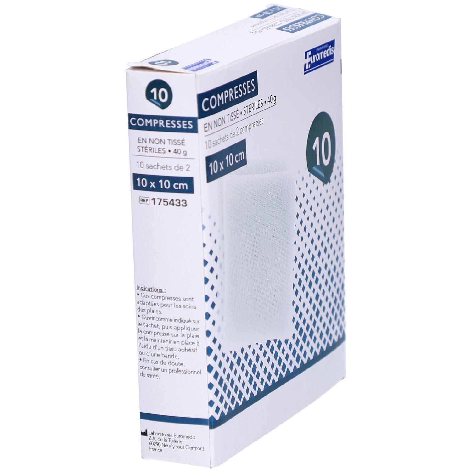 Boîte de compresses EUROMEDIS. Stériles, 10 x 10 cm. L'emballage affiche des informations sur le produit et le logo.
